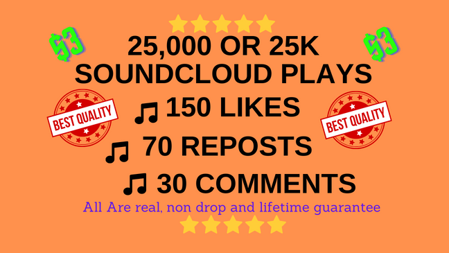 10405000 SOUNDCLOUD PLAYS 100 LIKES 50 REPOSTS AND 12 CUSTOM COMMENTS, 50 Followers