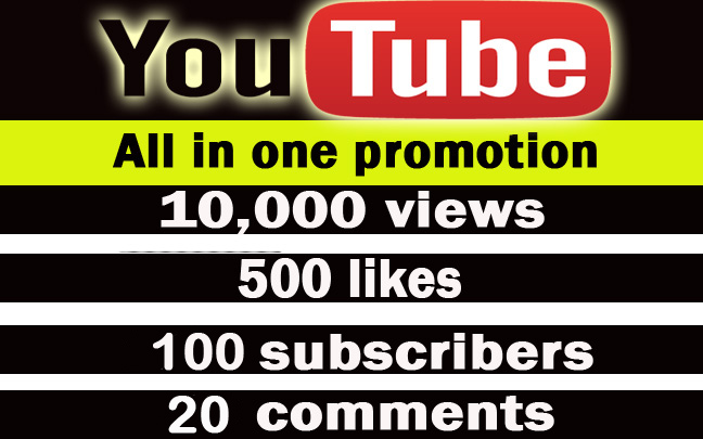 1258Youtube all in one promotion. 10,000 views, 500 likes, 100 subscribers, 20 comments