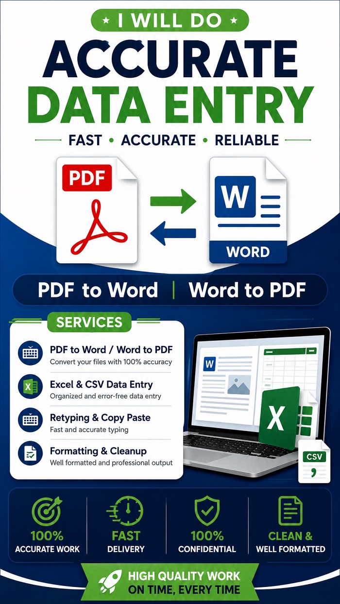 283601I will do accurate data entry, PDF to Word, Word to Pdf, CSV, Excel and retyping